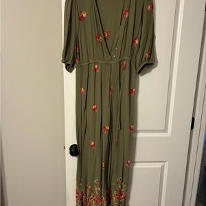 Olive Green Floral jumper with V-Neck